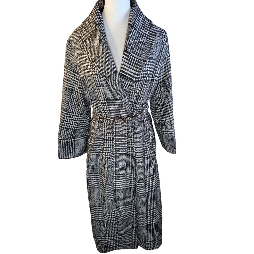 Privy Women's Black White Plaid Long Belted Lightweight Trench Coat Size M